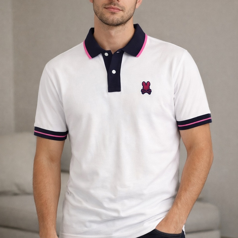 Psycho Bunny White Polo with Navy Collar & Pink Trim